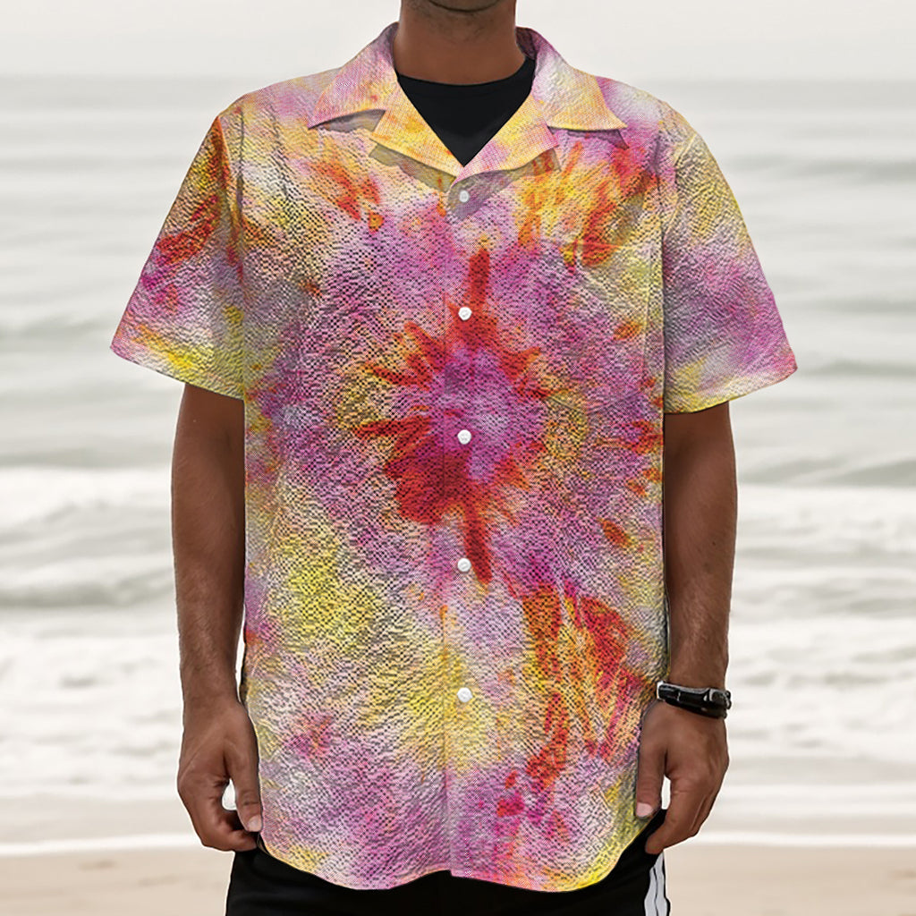 Pink And Yellow Tie Dye Print Textured Short Sleeve Shirt
