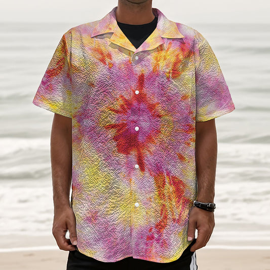 Pink And Yellow Tie Dye Print Textured Short Sleeve Shirt
