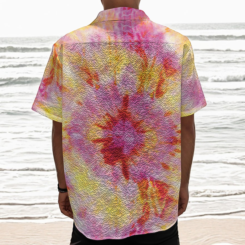 Pink And Yellow Tie Dye Print Textured Short Sleeve Shirt