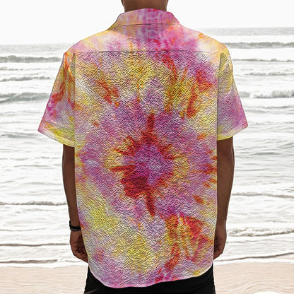 Pink And Yellow Tie Dye Print Textured Short Sleeve Shirt