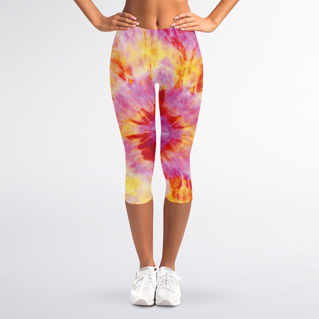 Pink And Yellow Tie Dye Print Women's Capri Leggings