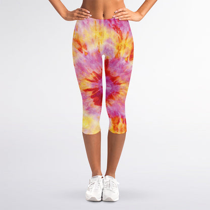 Pink And Yellow Tie Dye Print Women's Capri Leggings