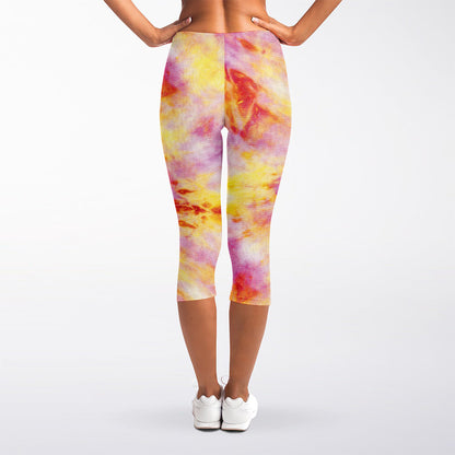 Pink And Yellow Tie Dye Print Women's Capri Leggings