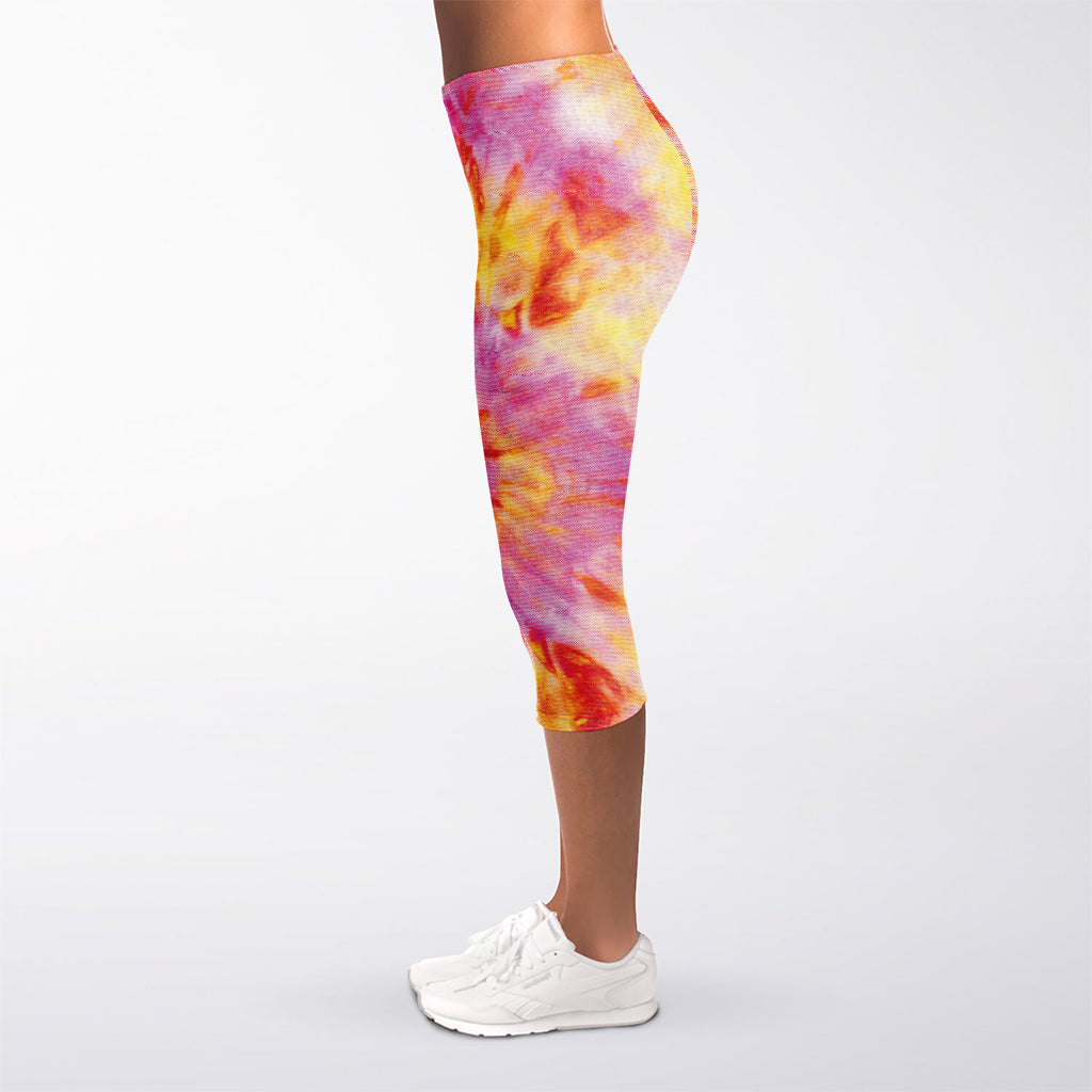 Pink And Yellow Tie Dye Print Women's Capri Leggings