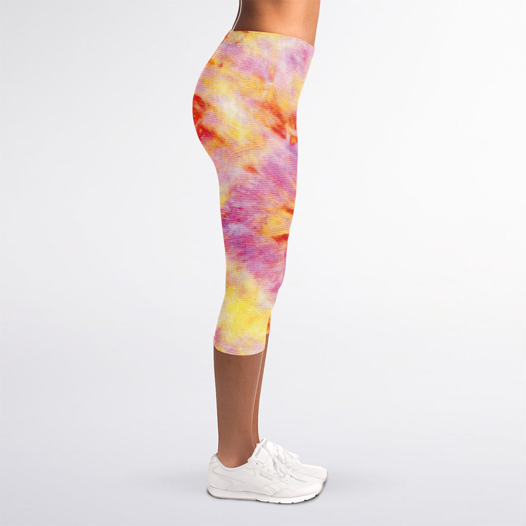 Pink And Yellow Tie Dye Print Women's Capri Leggings