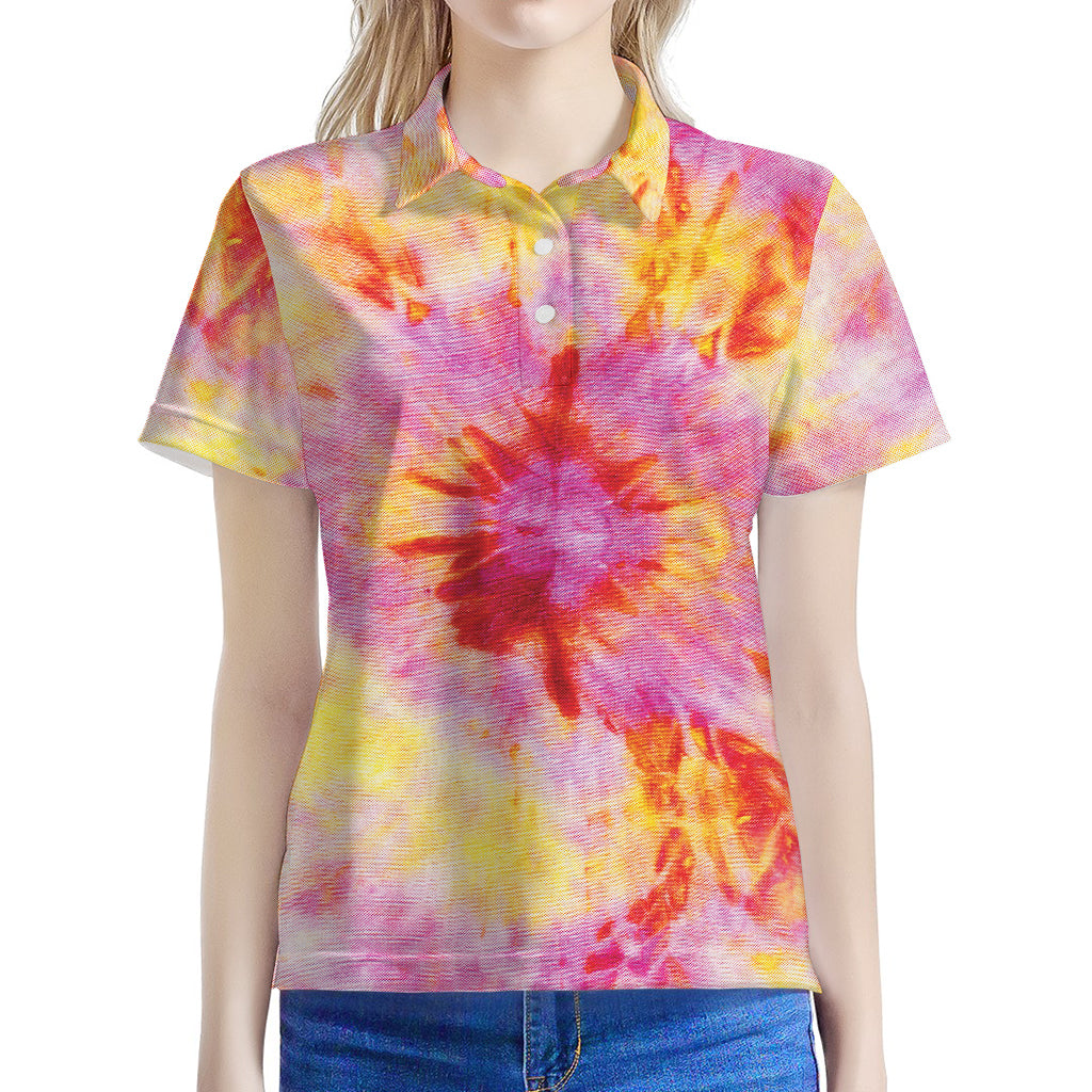 Pink And Yellow Tie Dye Print Women's Polo Shirt