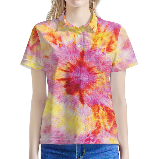 Pink And Yellow Tie Dye Print Women's Polo Shirt