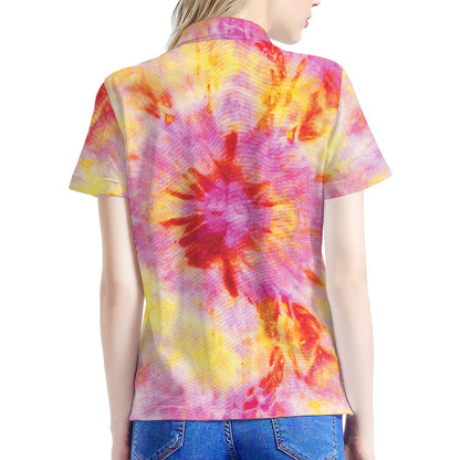 Pink And Yellow Tie Dye Print Women's Polo Shirt