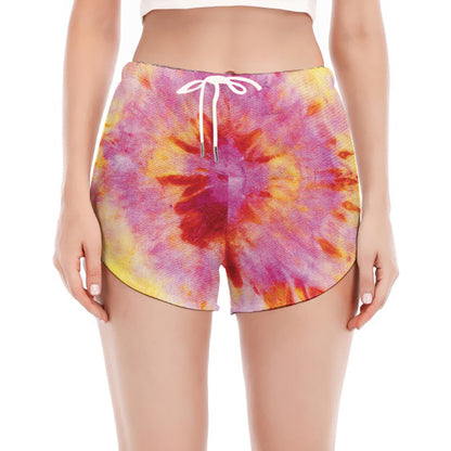 Pink And Yellow Tie Dye Print Women's Split Running Shorts