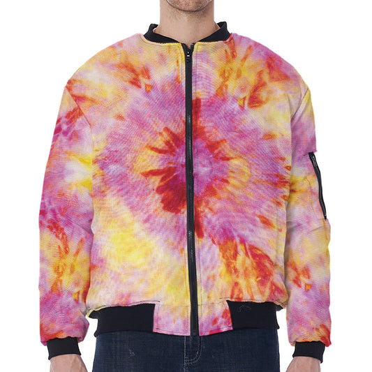 Pink And Yellow Tie Dye Print Zip Sleeve Bomber Jacket
