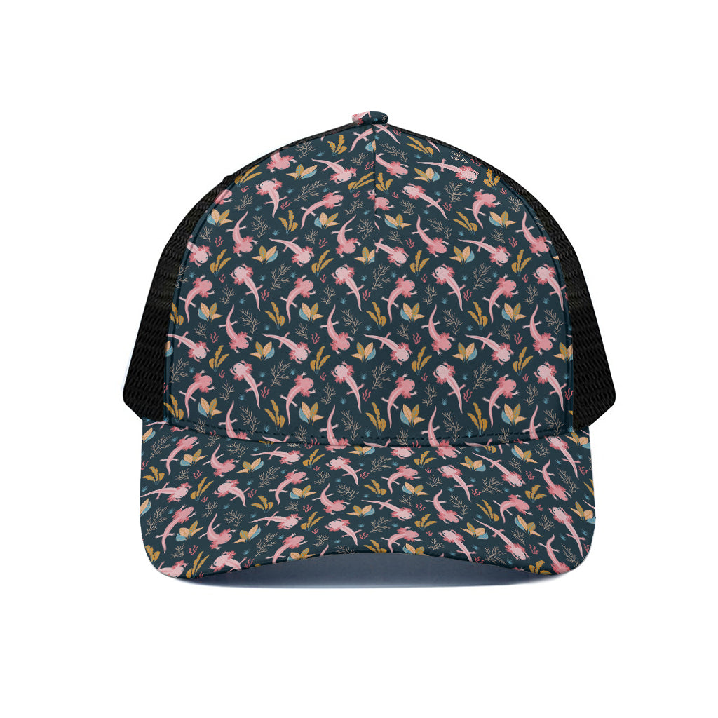 Pink Axolotl Pattern Print Black Mesh Trucker Cap