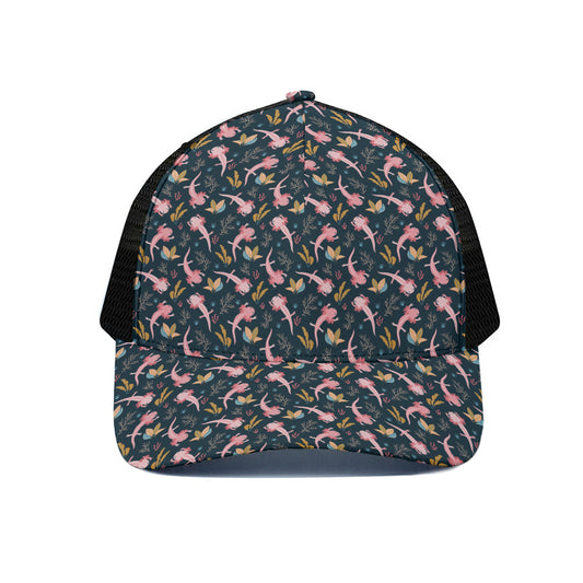 Pink Axolotl Pattern Print Black Mesh Trucker Cap