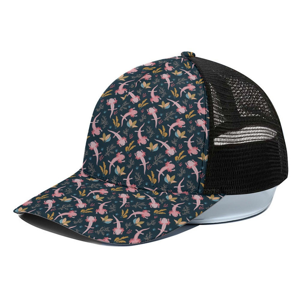 Pink Axolotl Pattern Print Black Mesh Trucker Cap