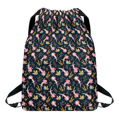 Pink Axolotl Pattern Print Drawstring Backpack