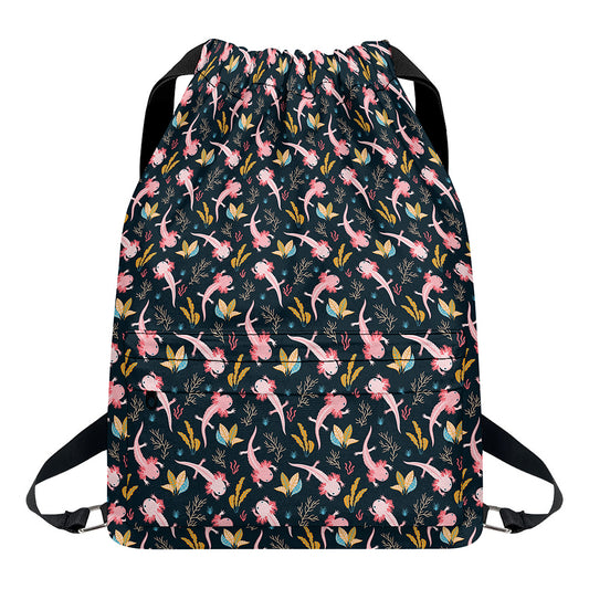 Pink Axolotl Pattern Print Drawstring Backpack