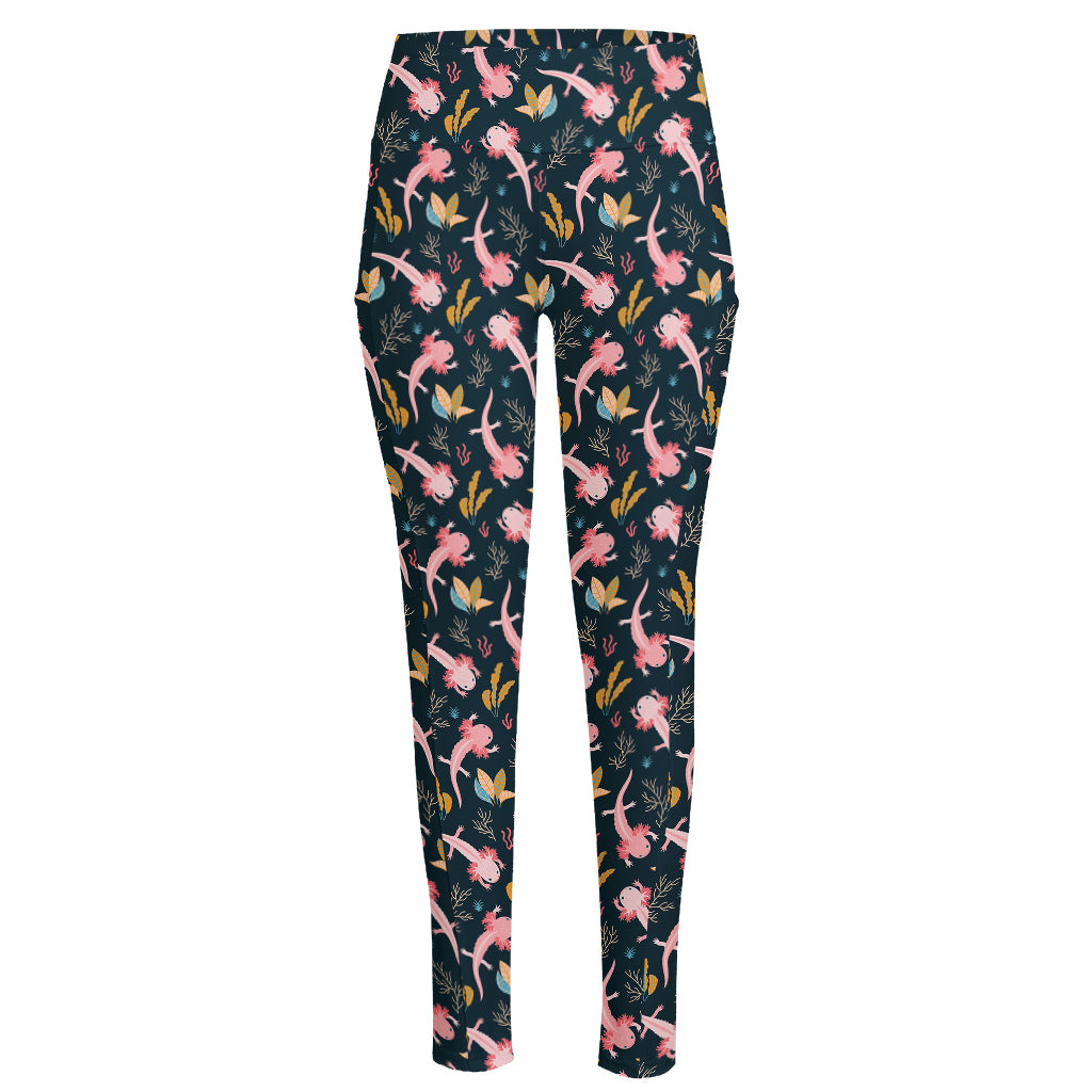 Pink Axolotl Pattern Print High-Waisted Pocket Leggings