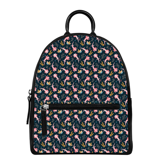Pink Axolotl Pattern Print Leather Backpack