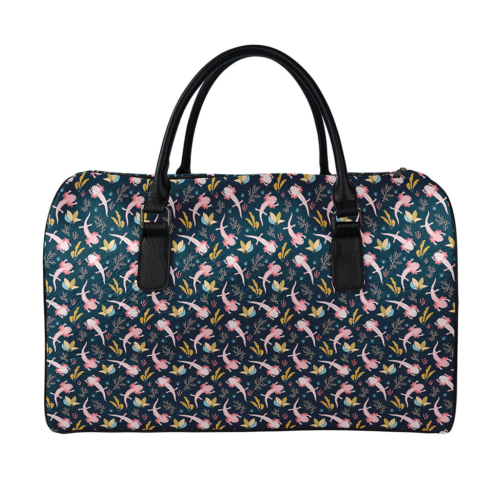 Pink Axolotl Pattern Print Leather Duffle Bag