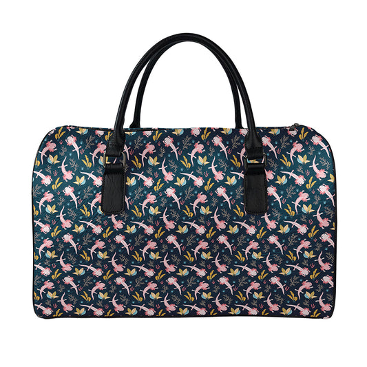 Pink Axolotl Pattern Print Leather Duffle Bag