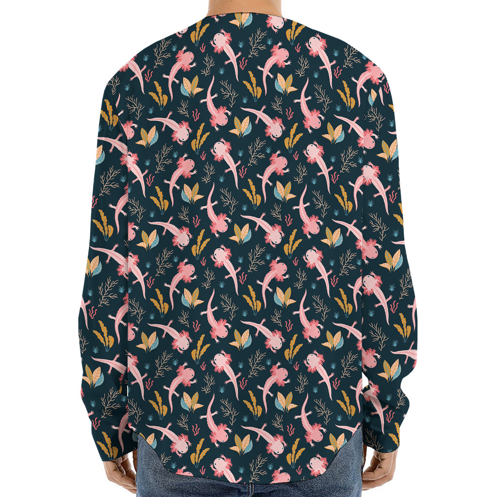 Pink Axolotl Pattern Print Long Sleeve Baseball Jersey