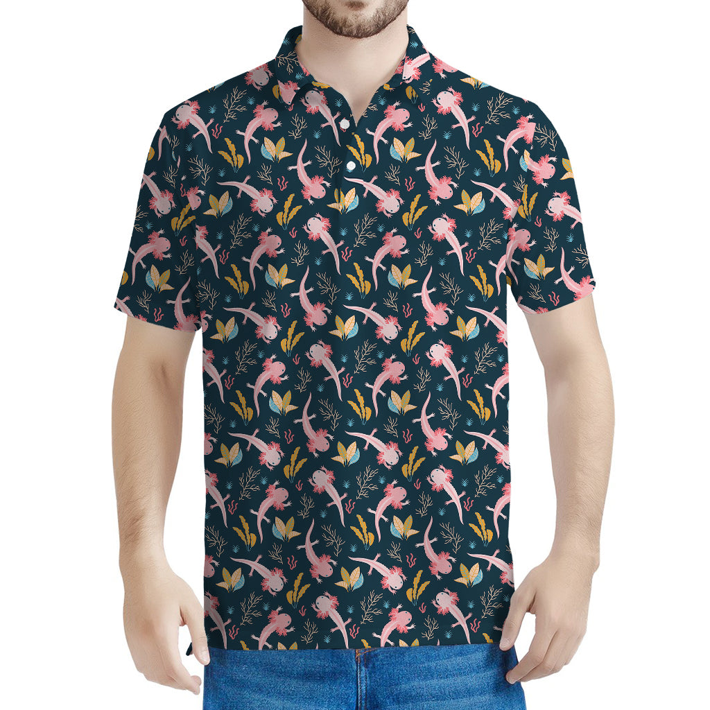 Pink Axolotl Pattern Print Men's Polo Shirt