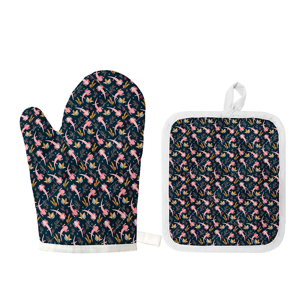 Pink Axolotl Pattern Print Oven Mitt And Pot Holder Set
