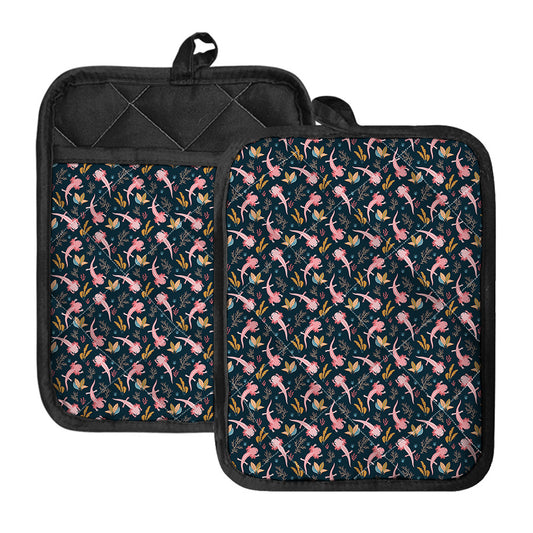 Pink Axolotl Pattern Print Pot Holders With Pocket