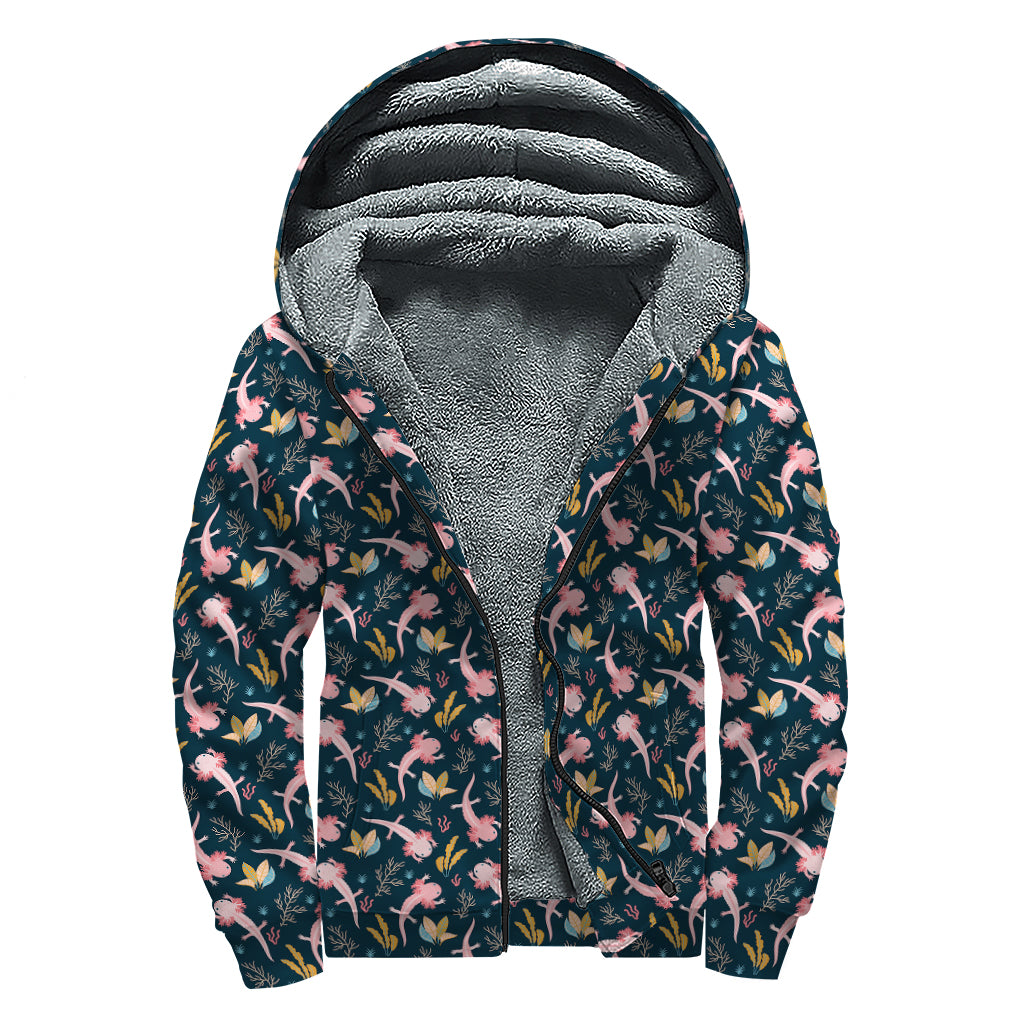 Pink Axolotl Pattern Print Sherpa Lined Zip Up Hoodie