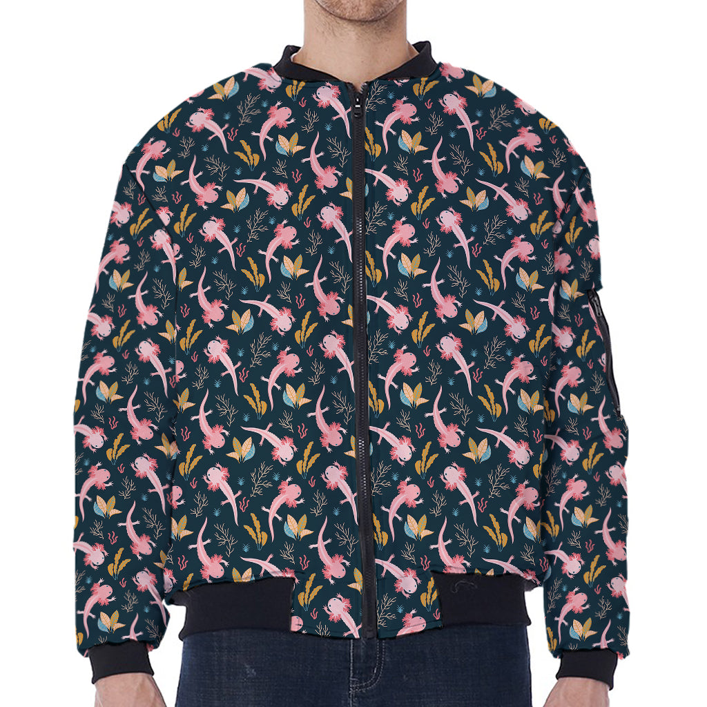 Pink Axolotl Pattern Print Zip Sleeve Bomber Jacket