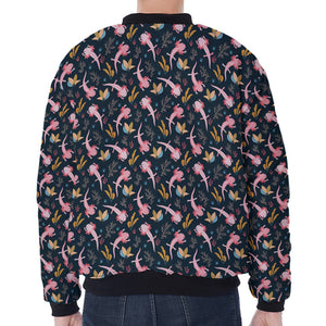 Pink Axolotl Pattern Print Zip Sleeve Bomber Jacket