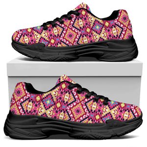 Pink Aztec Geometric Ethnic Pattern Print Black Chunky Shoes