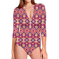 Pink Aztec Geometric Pattern Print Long Sleeve Swimsuit
