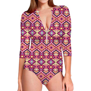 Pink Aztec Geometric Ethnic Pattern Print Long Sleeve Swimsuit