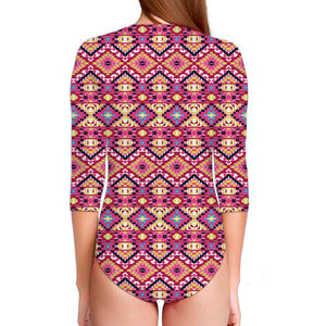 Pink Aztec Geometric Ethnic Pattern Print Long Sleeve Swimsuit