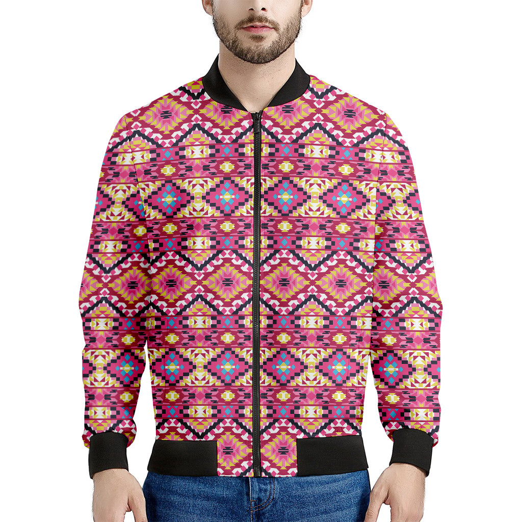 Pink Aztec Geometric Ethnic Pattern Print Men's Bomber Jacket