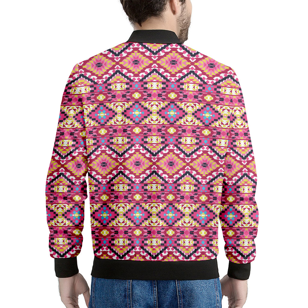 Pink Aztec Geometric Ethnic Pattern Print Men's Bomber Jacket
