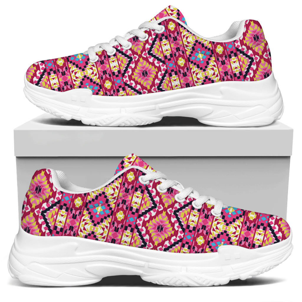 Pink Aztec Geometric Ethnic Pattern Print White Chunky Shoes