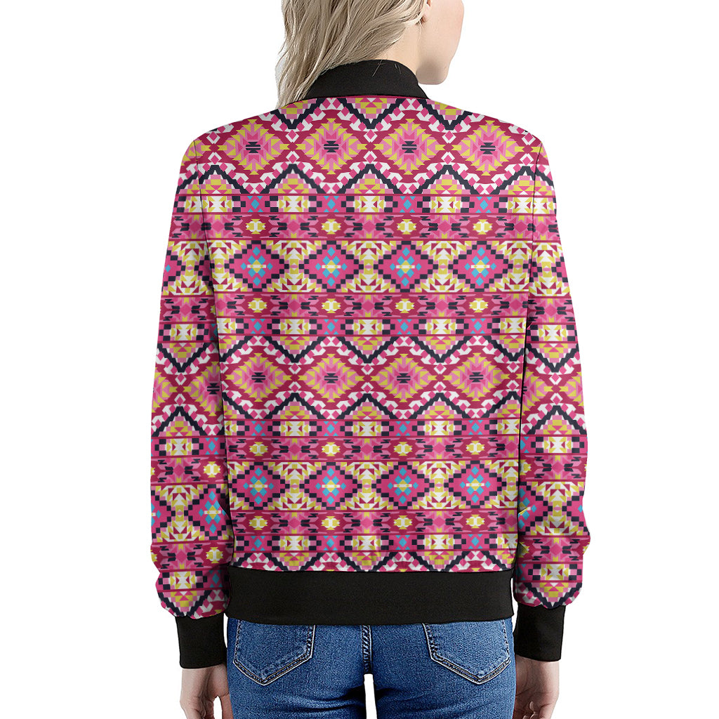 Pink Aztec Geometric Ethnic Pattern Print Women's Bomber Jacket
