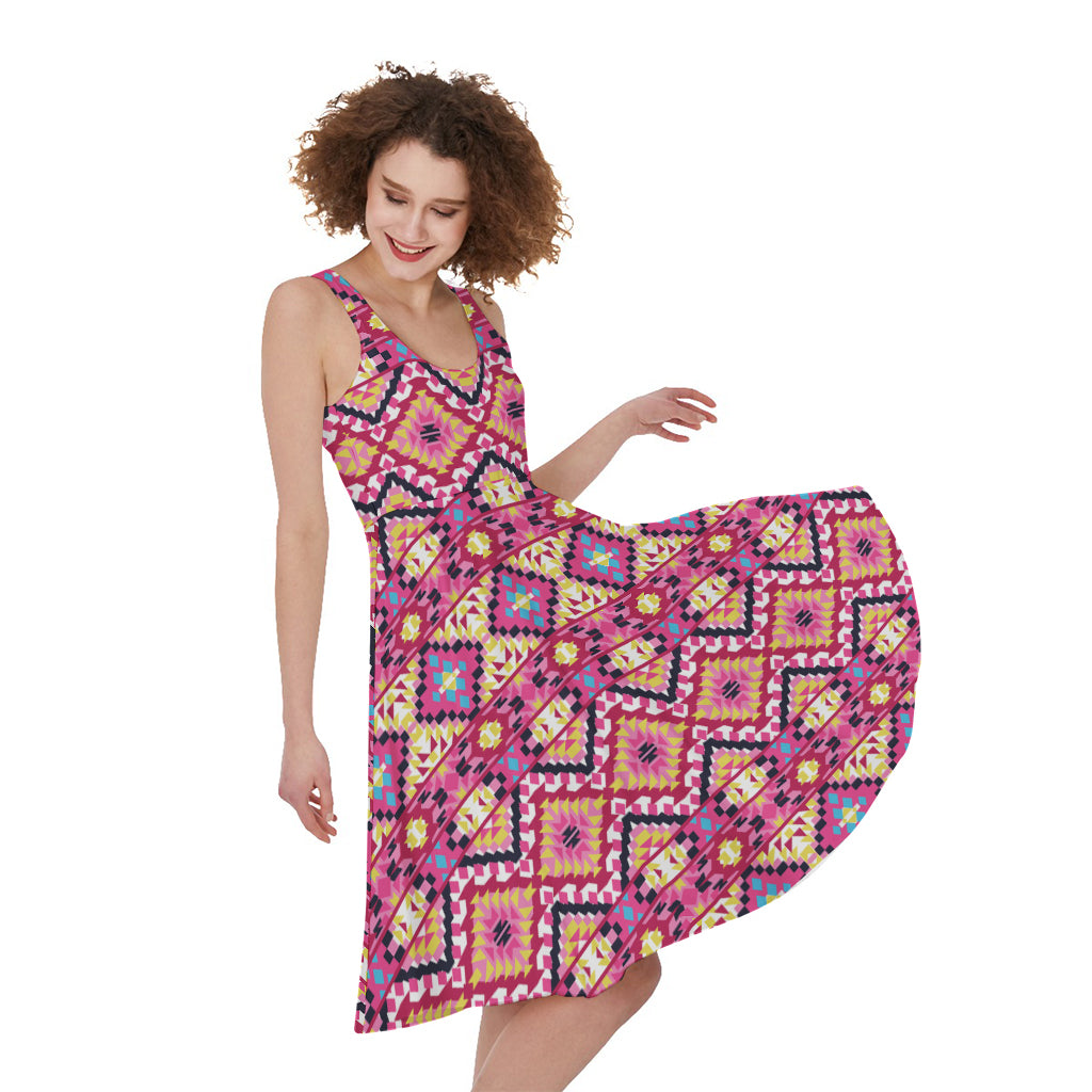 Pink Aztec Geometric Ethnic Pattern Print Women's Sleeveless Dress