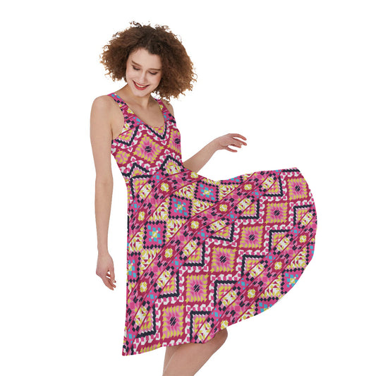 Pink Aztec Geometric Ethnic Pattern Print Women's Sleeveless Dress