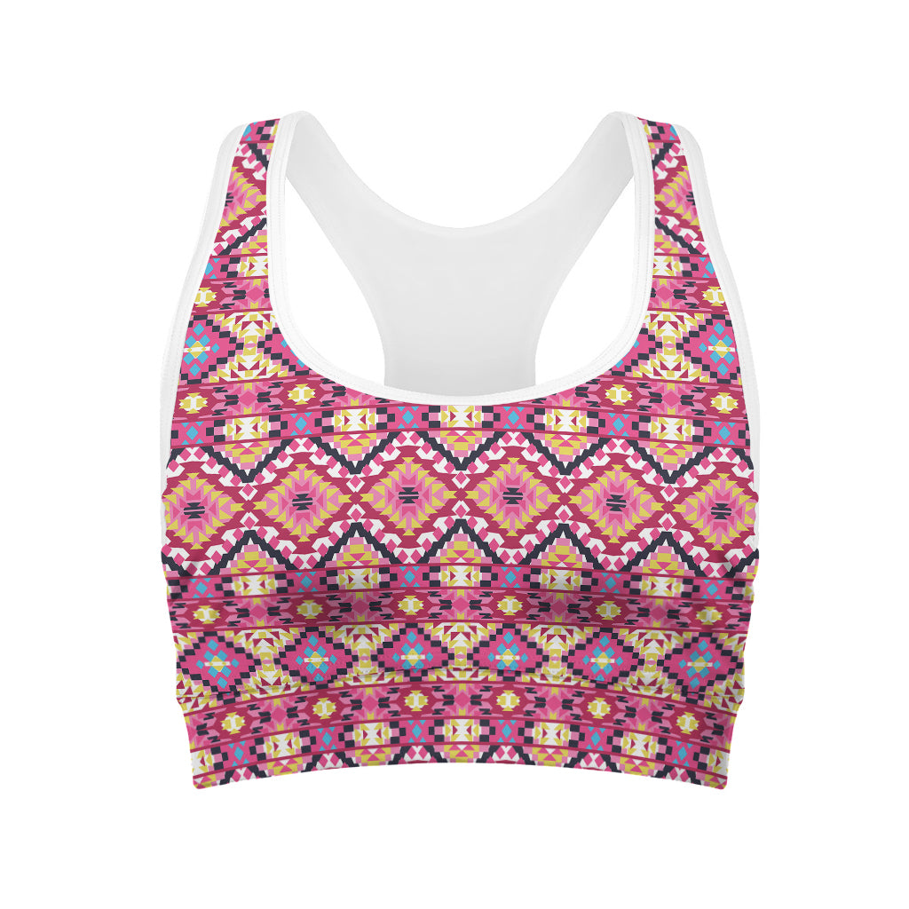 Pink Aztec Geometric Ethnic Pattern Print Women's Sports Bra