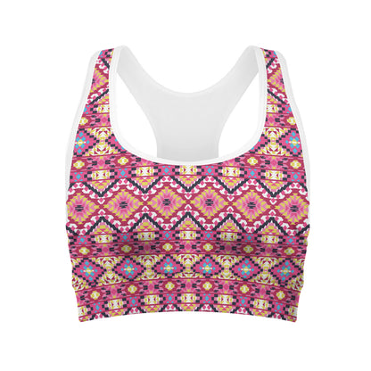 Pink Aztec Geometric Ethnic Pattern Print Women's Sports Bra