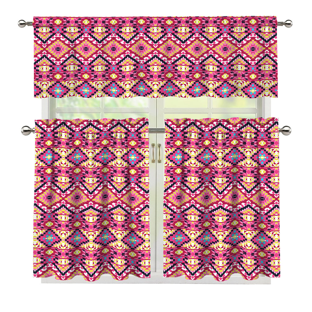 Pink Aztec Geometric Pattern Print 3 Piece Kitchen Curtains
