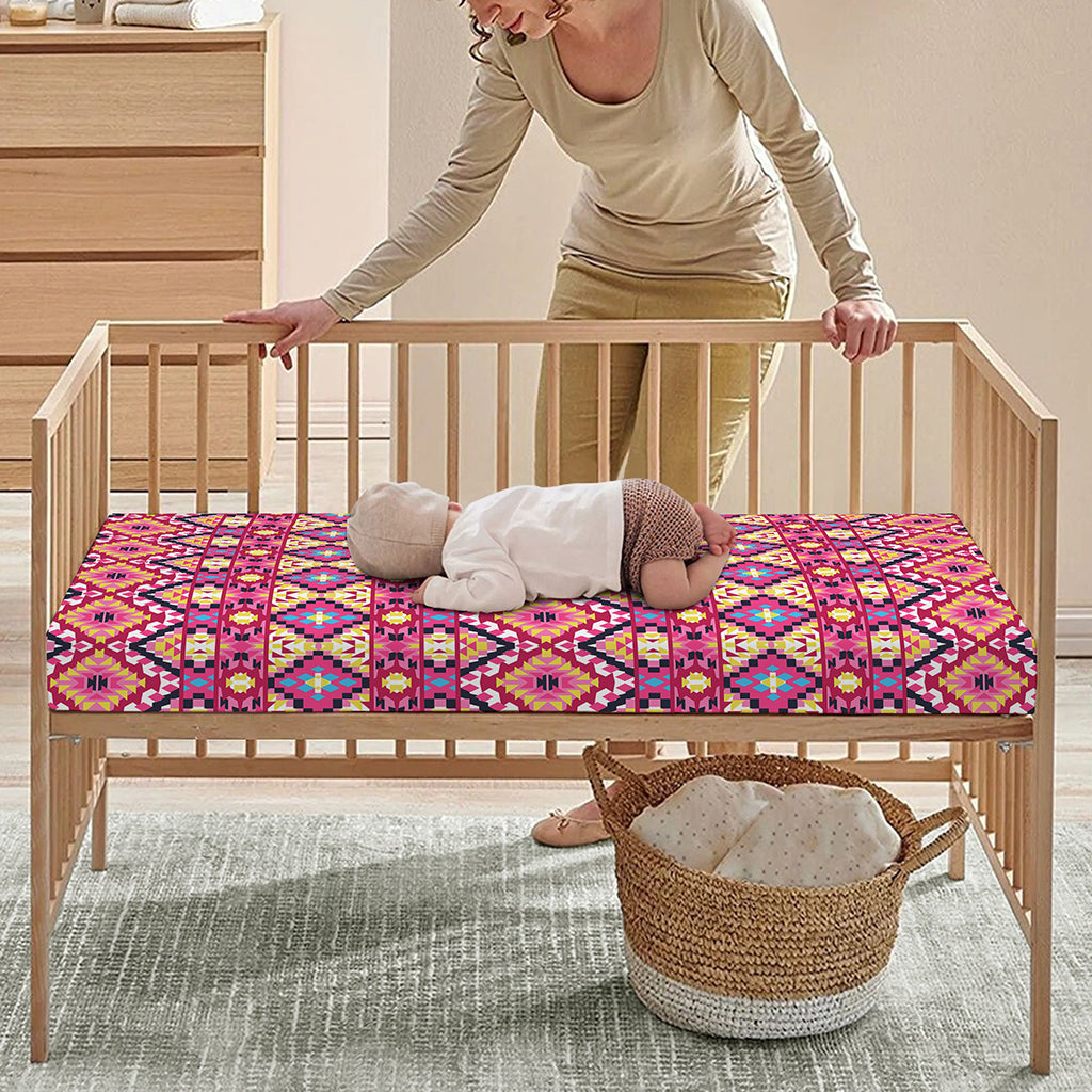 Pink Aztec Geometric Pattern Print Baby Crib Sheet