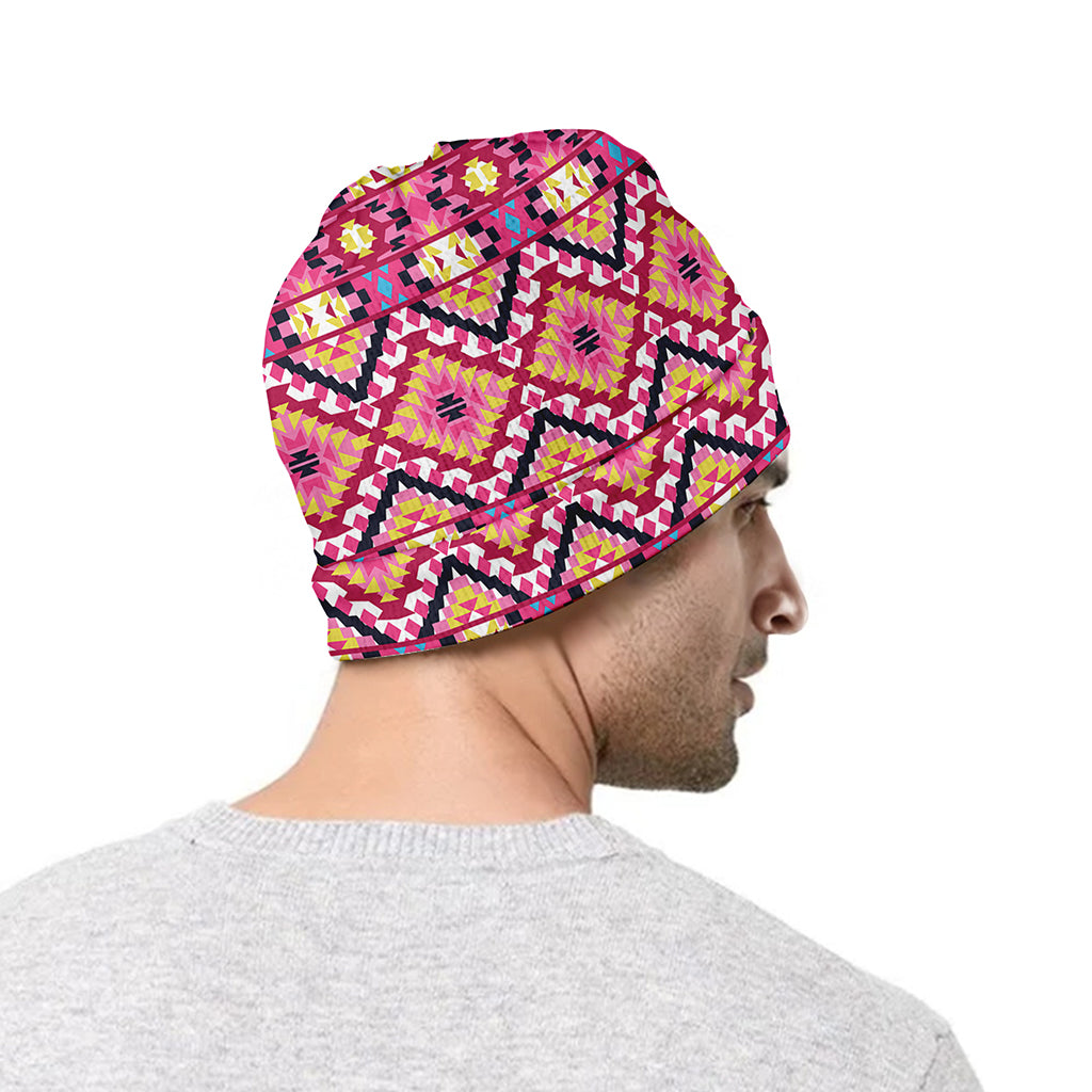 Pink Aztec Geometric Pattern Print Beanie