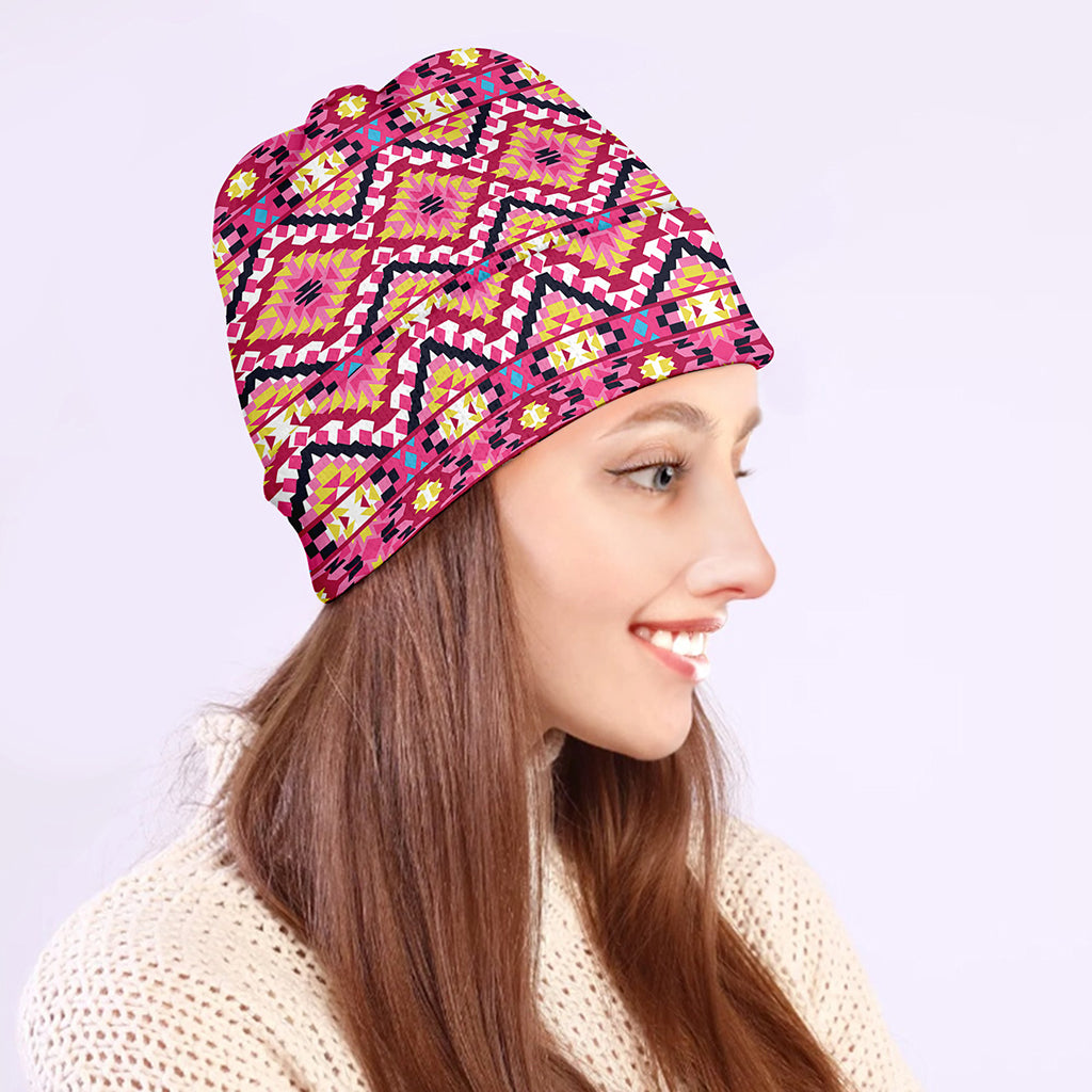 Pink Aztec Geometric Pattern Print Beanie