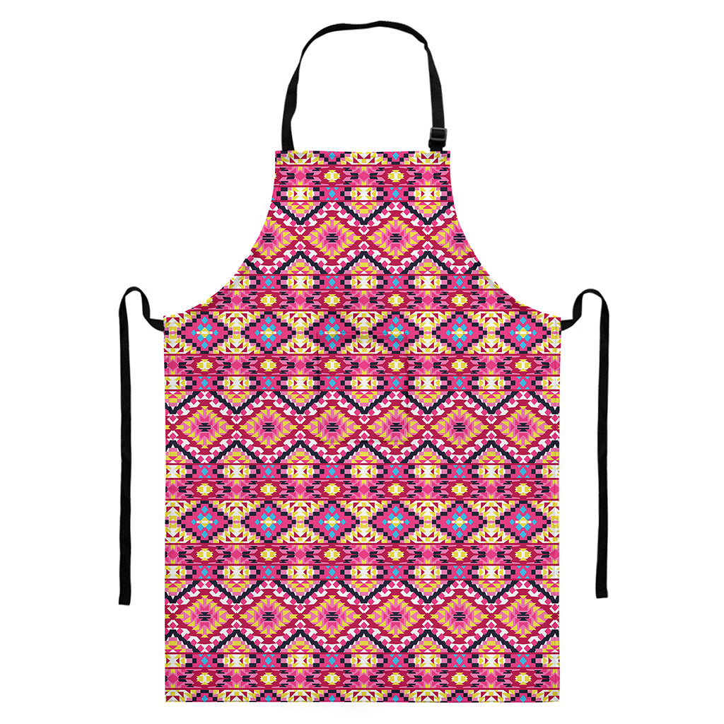Pink Aztec Geometric Pattern Print Bib Apron With Pocket