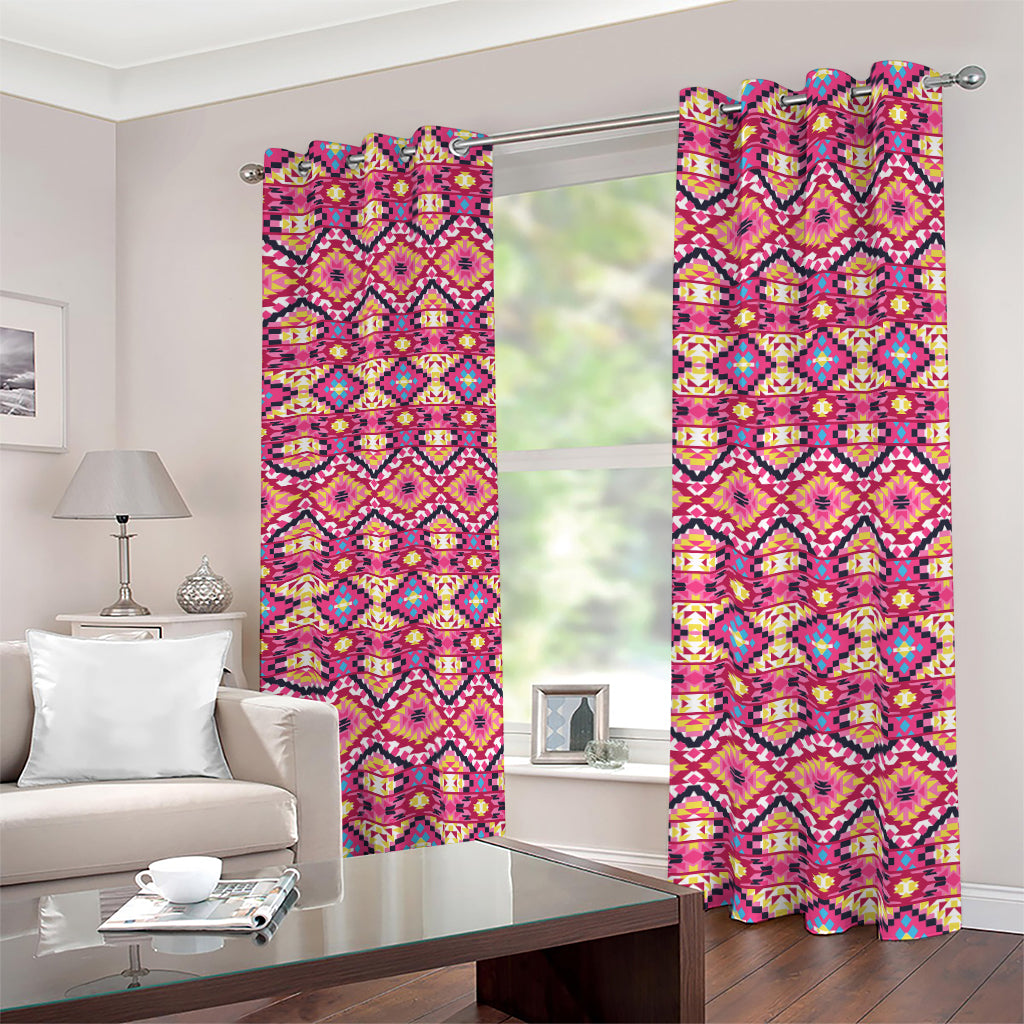 Pink Aztec Geometric Pattern Print Blackout Grommet Curtains