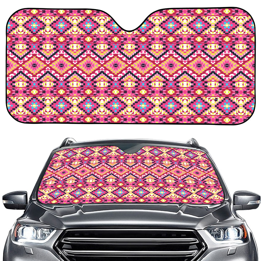 Pink Aztec Geometric Pattern Print Car Windshield Sun Shade