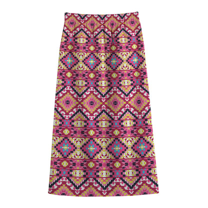 Pink Aztec Geometric Pattern Print Cotton Front Slit Maxi Skirt